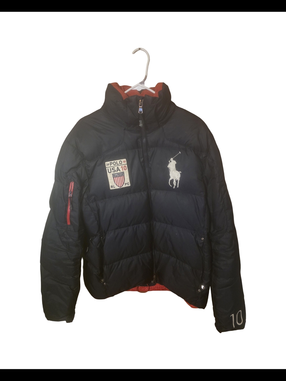 Polo by Ralph Lauren Black Puffer Bomber Jacket with Red Accents